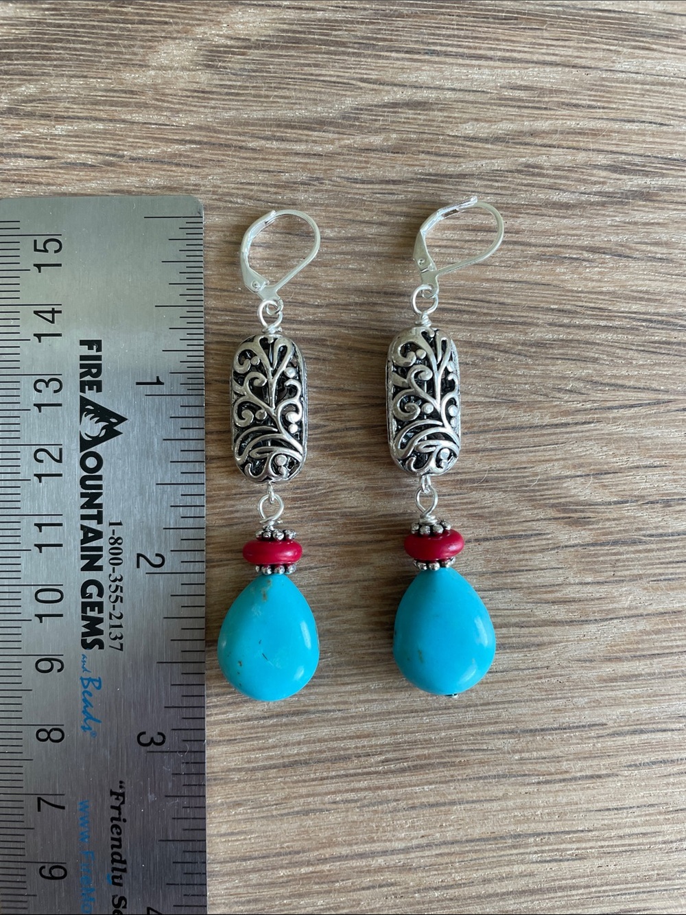 HANDCRAFTED TURQUOISE MAGNESITE TEARDROP DANGLE EARRINGS Silver Filigree - Picture 8 of 9